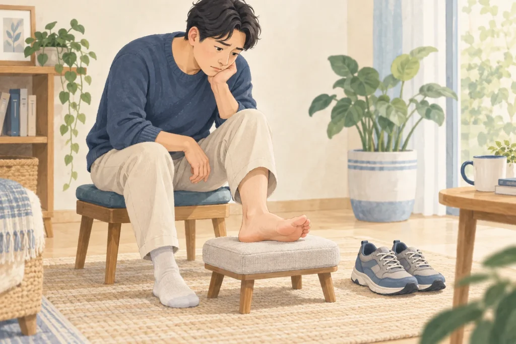 발을 받침대에 올리고 살펴보는 사람과 옆에 놓인 운동화 일러스트