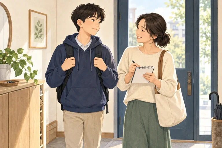 양쪽 어깨에 가방을 멘 학생과 상담 메모를 준비하는 보호자 일러스트