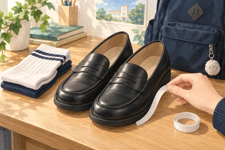 둥근 앞코의 학생 구두와 양말, 가방, 줄자가 놓인 일러스트